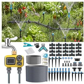 TRJZWA Kit de Sistema de Riego por Goteo con Temporizador Automático de Agua de 2 Zonas con Pantalla LCD,Temporizador de Riego con Nuevo Conector Rápido Antifugas para Jardín,Césped