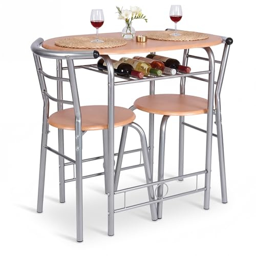 Bravich Compact 3 Piece Dining Set, Small Space Saving Bistro Table and 2 Chairs with Storage Shelf, Kitchen Breakfast Table Set for 2, Beech & Silver