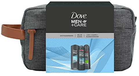 Dove Men+Care Neceser Hombre Set de Baño con Bolsa de Aseo Gel de Ducha Clean Comfort + Champú y Acondicionador 2 en 1 + Desodorante Antitranspirante Roll On + Gel Hidroalcohólico + Tarro Crema