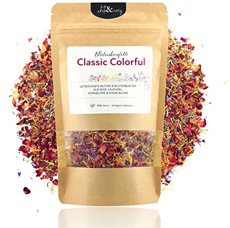 Natürliches Blütenkonfetti Hochzeit Classic Colorful aus getrockneten Blütenblättern - Duft-intensiv - 100% biologisch - Streublumen Mischung Lavendel Rose Kornblume Ringelblume (60g / 1 Liter)
