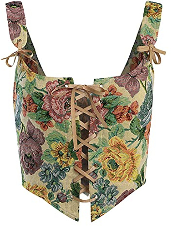 Dreay Womens Vintage Floral Print Grommet Lace Up Tie Front Corset Bustier Shapewear Top 21216-Cream-XXL
