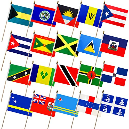 LoveVC Caribbean 20 Countries Flags on Wood Stick Small Mini Hand Held Flag,5x8 Inch,20 Pack