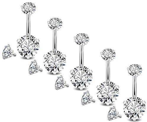 NICEIGHT 5Pcs 14G Surgical Steel Belly Button Ring for Women Belly Ring CZ Navel Rings for Women Barbells Body Piercing Jewelry with Tops Balls W