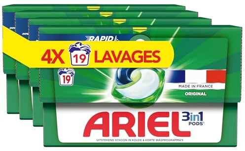 Ariel 3in1 PODS, Lessive Liquide En Capsules 4 x 19 Lavages, Alpine, Dissolution Rapide, Impeccable A Froid Et En Cycle Court