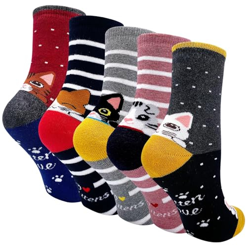 PUTUO Calcetines Invierno Termicos para Mujer: Calcetines Calientes Mujer Calcetines Divertidos de Algodon Gruesos con Patrón de Animales Talla 36-41 5 Pares