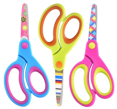Zicolu Kids Scissors Set, Safety Children Scissors with Blunt-Tip Floral Print Blade and Soft Grip, Great for DIY, Arts, Home, School Classroom Use, Blue/Purple/Yellow