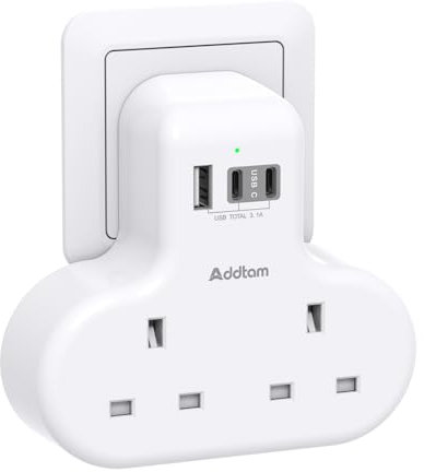 Addtam Double Plug Extension with 3 USB Ports (2 USB-C), 2 Way Multi Plug Adaptor, 13A UK 3 Pin Socket Extension for Home, Office, Travel and School Supplies