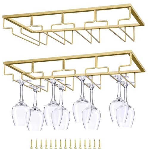 LOSYHU 2 Pack Gold Wine Glass Holder Under Cabinet, 4 Rows Hanging Wine Glass Rack Wine Stemware Holder Metal Wine Glasses Storage Hanger Organizer for Bar and Kitchen Cabinet