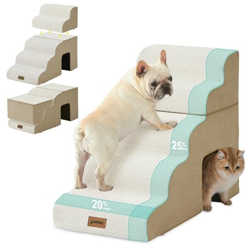 ZOMISIA Dog Ramp for Large Dogs - 24 H 5 Steps Pet Stairs for High Bed with Tunnel 2 in 1 with Zippers Suitable, Indoor Cat Ladders with Non-Slip Bottom, Beige