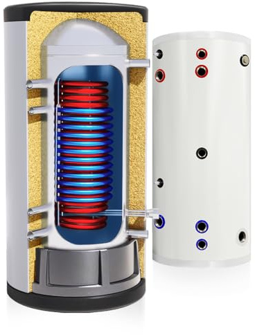 TECHGLOBE - Acumulador de agua caliente - 2 intercambiadores de calor (1,8 + 3,1 m²) - acer inoxidable - bajo consumo energético - aislamiento de 50 mm - Termo vertical (300 L)
