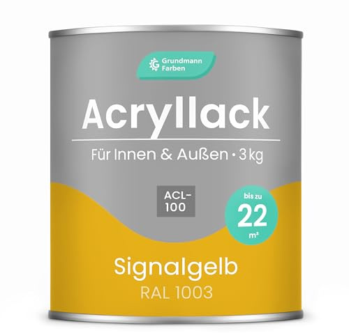 Grundmann Acryllack ACL 100 - Gelb 3 Kg - 4in1 Lack inkl. Grundierung - Innen und Außen - Für Holz, Metall, Stein & Kunststoff - Signalgelb RAL 1003