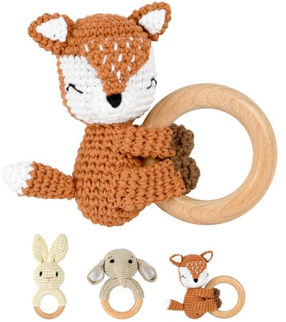 OFFCUP Sonajero para Bebés, Juguete Ganchillo Sonajero de Madera para Bebé Hecho a Mano, Juguetes de Animales Suaves para Bebé para Recién Nacidos Niños y Niñas (Zorro)