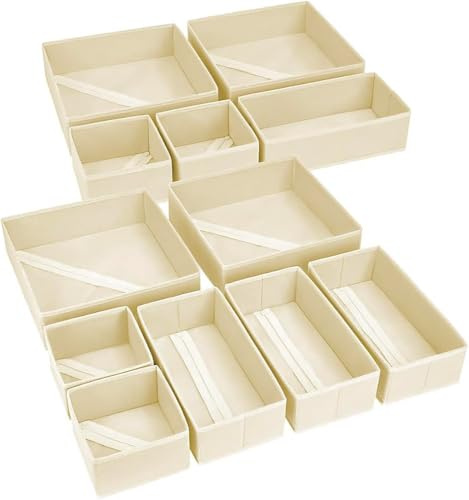 DIMJ Organizador Cajones Ropa Interior - Divisores de Cajones Juego de 12 Cajas Almacenaje Plegables de Tela Para Guardar Ropa, Organizadores de Cajones No Tejidos, Ropa Interior, Beige