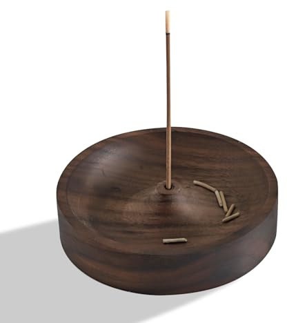 Belsea rökelsehållare i trä, rund, 10 cm diameter, kopparbrännare för pinne och kon rökelse (svart valnöt)