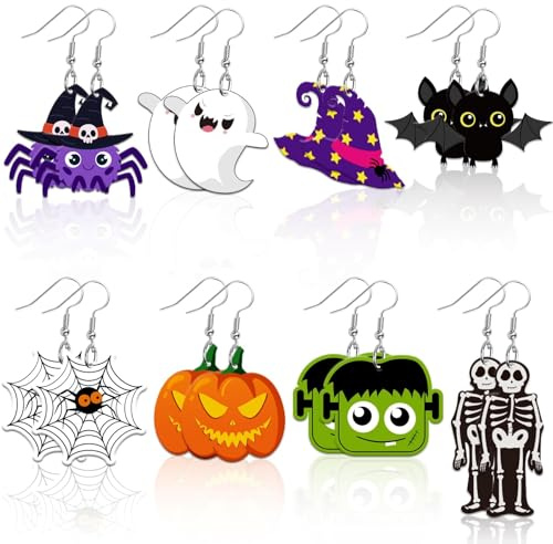8 Paires Boucles d'Oreilles Halloween Femme – Fantômes, Citrouille, Araignée, Chapeau de Sorcière, Boucles d’Oreilles Acryliques Légères Halloween Bijoux Fantaisie pour Fête Cosplay (A)