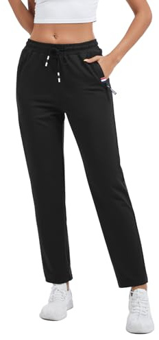 Pantalons de Sport Femme Jogging Coton Elastique Pantalon de Survêtement pour Fitness Sport Yoga Training Running, Sweatpants Ladies Joggers avec 2 Poches Zippées (Noir, M)