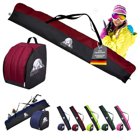 Skidset – pjäxväska 40 x 42 x 30 cm – skidväska vattentät vintersportväska med dragkedja – skidförvaringsväska för skidor, pjäxor, hjälm och handskar (svart-bordeaux 180 cm)