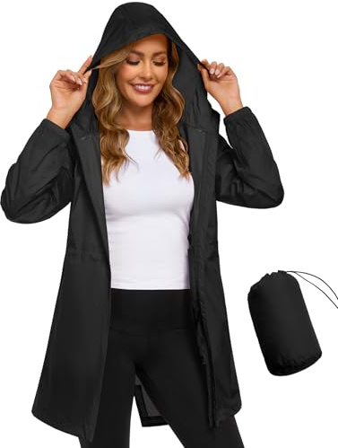 CMTOP Waterproof Jacket Women Lightweight Packable Rain Jackets Casual Hooded Windbreaker Breathable Functional Raincoat Mid-length Outdoor Softshell Jacket for Walking Hiking(Black, XXL)
