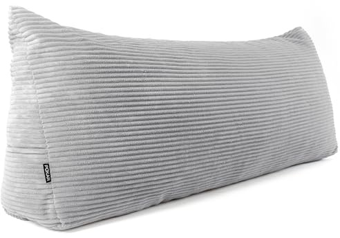 POKAR Almohada Lectura Cuña 180x50x20 cm | Cojín Respaldo para Cama y Sofá con Apoyo Espalda | Cojín Lumbar con Funda de Pana Suave y Bolsillos Laterales | Certificado Öko Tex | Gris