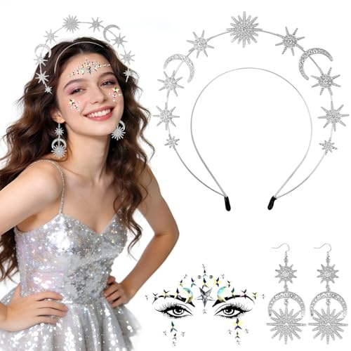 Sol måne stjärnor diadem, månhårband silver, damer glitter pannband med strass ansikte tatueringar, flickor strass hårband för karneval musikfestival fest (A)