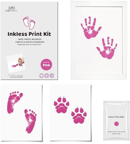 3-delars set med fotoram, Baby handavtryck och fotavtryck fotoram-kit, baby avtryck nyfödd hand/fotavtryck fotoram set, fotoram för nyfödda, hand- och fotavtryck kit med bildram (Rosa)