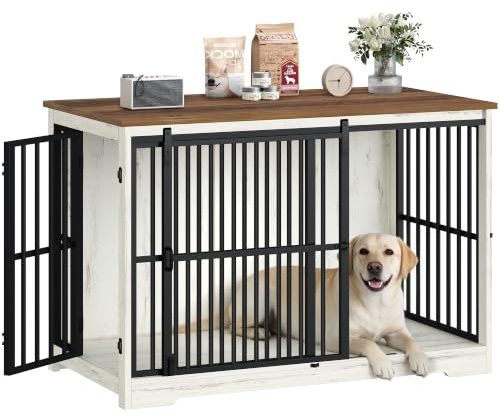 Hzuaneri Cage pour Chien, 119 cm Cage Chien 2 Portes, Blanc Marron Rustique | Table d’Appoint, Niche Moderne pour Chiens, XXL, Maisonnette pour Animaux, 119 × 70 × 88 cm, DFC94414B