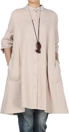 Minibee Women's Oversized Button Down Shirts Long Sleeve Cotton Linen Light Blouse Jacket with Pockets Beige XL