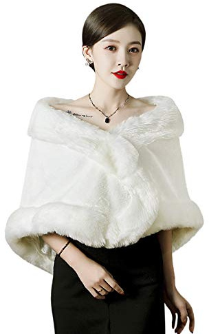 Femme Châle de Mariée en Faux Fourrure Mariage Epaulière Echarpe Dame épaulette Veste Manteau de Fourrure Boléro Cape Wraps Pèlerine Princesse Cape Pour Robe de Soirée, Blanc, Taille unique