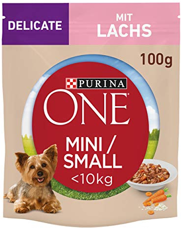PURINA ONE Mini/Small Delicate Hundefutter nass für kleine Hunde, reich an Lachs & Reis, 20er Pack (20 x 100g)
