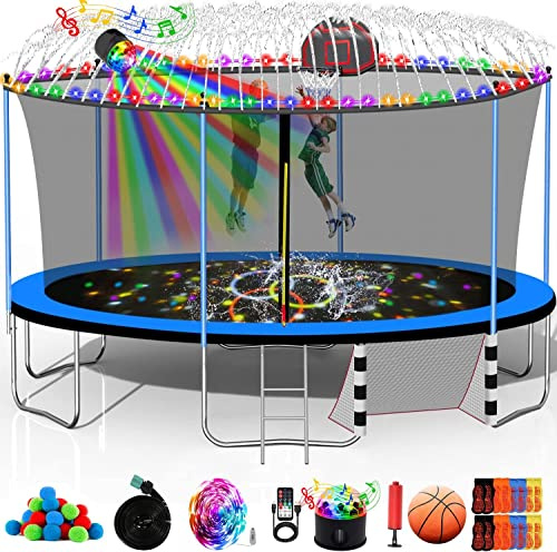 Goujxcy 1500 LBS 12FT 14FT 16FT Trampoline for Kids and Adults, Outdoor Trampoline with Sprinkler, Basketball Hoop, Enclosure Net, Water Balls, Lights with Speaker, Socks - ASTM CPSIA Best Trampoline
