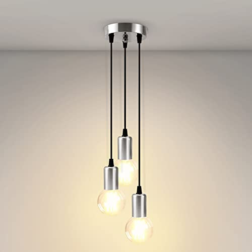 EMKE Industrial Pendant Light, Chrome Retro Ceiling Light 3-Light E27 Holder Vintage Light DIY Hanging Lights with Adjustable Wires for Living Room Coffee Shop Hotel Hallway Bar (Bulb not Included)