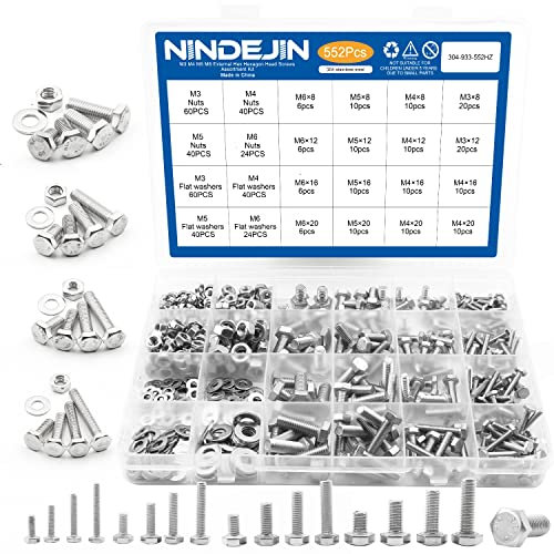 NINDEJIN 552PCS M3 M4 M5 M6 Hex Head Bolts and Nuts Set, 304 Stainless Steel External Hexagonal Screws Set and Washers, Heavy Duty Hex Head Cap Fastener Kit with Storage Box