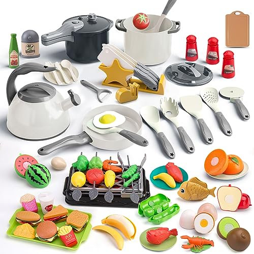 Zero Zoo 105Pcs Kids Kitchen Toy Accessories, Toddler Pretend BBQ Camping Cooking Playset, Play Pots, Pans, Utensils Cookware Toys, Play Food Set, Vegetables, Learning Gift for Girls Boys