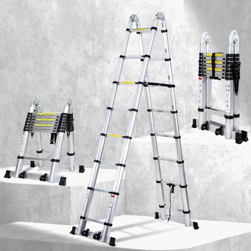 Joparri Échelle télescopique pliante en aluminium de 5 m avec doubles poulies amovibles - Charge maximale : 150 kg - Échelle multifonction portable - Antidérapante - Argenté