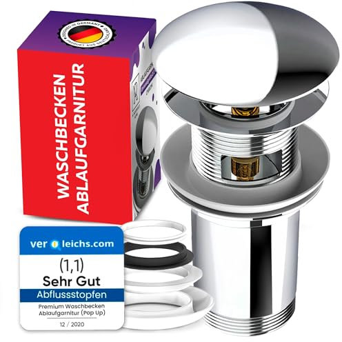 Ablaufgarnitur Waschbecken mit Überlauf für Waschtisch - Pop Up Ventil Waschbecken - Chrom Abfluss Waschbecken 1 1/4