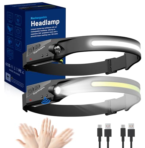 HyperDolphin Headlamp Rechargeable LED (2 Pack) 230° Wide Beam, USB-C Lightweight Head Lamp, Long Runtime, Water-Resistant for Camping, Hiking, Running, Fishing, Repair Work