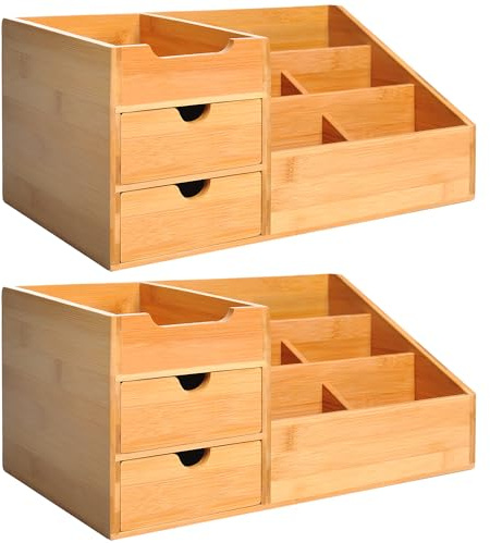 HOMCOM Lot de 2 boîtes de Rangement de Bureau - Organiseur de Bureau - 7 Compartiments, 2 tiroirs - Bambou Verni, Bambou