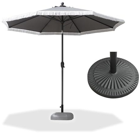 PURPLE LEAF Sonnenschirm 270 cm Achteckig mit Schirmständer, Gartenschirm mit Quaste, Terrassenschirm mit Kurbel und Kippmechanismus, Sonnenschirm boho Sonnenschutz Wasserabweisend, Grau