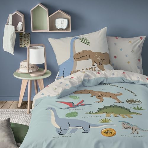 Jurassic World Sicju Parure de lit imprimée 100% coton - Licence officielle | Housse de Couette 140x200 cm + 1 taie 63x63 cm | Fermeture avec rabat | Chambre enfant, lit 1 place | Certification Oeko-Tex