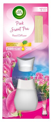 Air Wick Pink Sweet Pea Reeds Diffuser 42ml, 6 weeks of Long-Lasting Home Fragrance with Natural Essential Oils, Sustainable Recyclable Scent Improvement, Eco-Conscious Oil Diffuser.