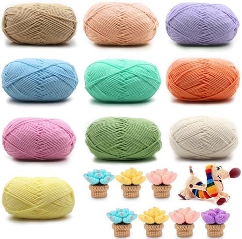 Hilo de crochet,hilo para tejer a mano,hilo de algodón,contiene hilo de algodón de leche,para crochet y manualidades,para principiantes, de fácil cuidado,yarn,10 colores,10 piezas x 50 g