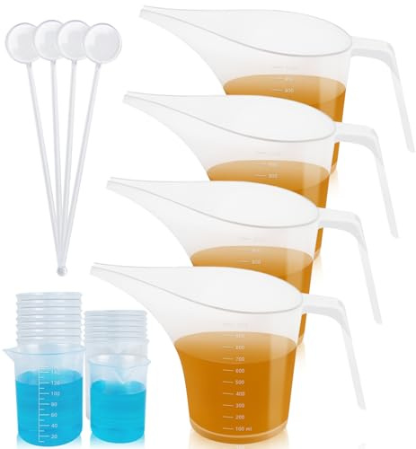 Artcome Juego de jarras de embudo – 4 jarras medidoras de plástico de 1000 ml con embudos, 4 varillas de agitación y 15 tazas medidoras pequeñas para hacer jabón, fundición de resina, hornear y