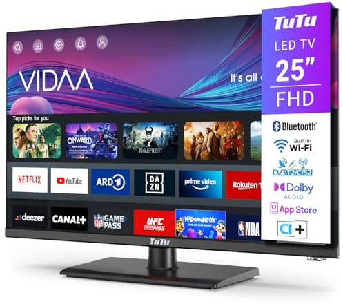 TuTu Smart TV 25 Pollici (64 cm) Full HD LED Televisori con Wi-Fi, Bluetooth, Triplo Tuner (DVB-T/T2, DVB-C, DVB-S/S2), App Store, HDMI, USB, Modalità hotel, Piede Centrale