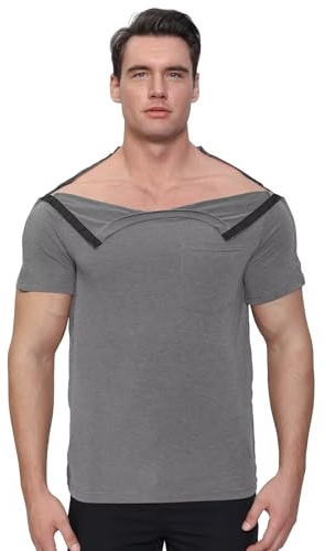 Landofgenie Herren Activewear-Shirt nach Schulteroperationen Sportshirt mit Druckknopf Funktionsshirt für Chemo & Operationen Reha Grau 2XL
