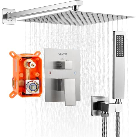 VEVOR Ensemble de Robinetterie de Douche Encastrable, Système de Douche de Pluie avec Pommeau de Tête Carré 25,4 cm, Douchette à Main et Kit de Garniture, Fixation Murale, Salle de Bain, Nickel Brossé