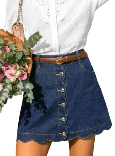 CUPSHE Women Denim Skirt Casual High Waist A-Line Scalloped Hem Mini Jean Skirt with Pockets Dark Blue M