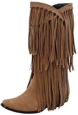 Xbemkste Bottes de cowboy pour femme - Avec franges - Talon bloc - En daim - Bottes hautes - Bottes western élégantes - Bottes longues - Bottes larges confortables, jaune, 39 EU