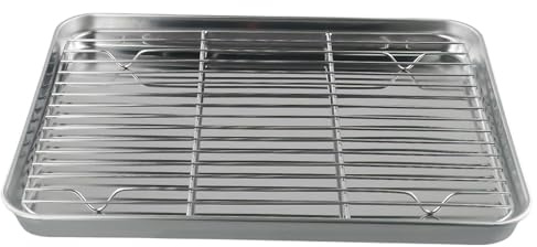 Vibsky Juego de bandeja y estante de acero inoxidable de 23 x 17 x 2,5 cm, bandeja de horno con rejilla de alambre de refrigeración para hornear, asar, cocinar y enfriar, verduras, alas de pollo