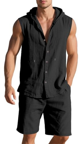Survêtement d'été sans manches 2 pièces pour homme, short et t-shirt, costume en coton et lin, chemises boutonnées, manches courtes avec capuche, couleur unie, short de sport, costume d'été baggy avec
