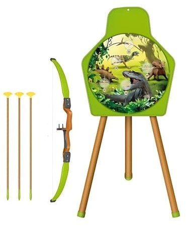 FAMBIZ Dinosaur Shooting Archery Set With Bow For Kids, Target Board, Suction Cup 3 Arrows Included, Hand-Eye Coordination, Compact And Portable, Indoor And Outdoor Play, Perfect For Kids